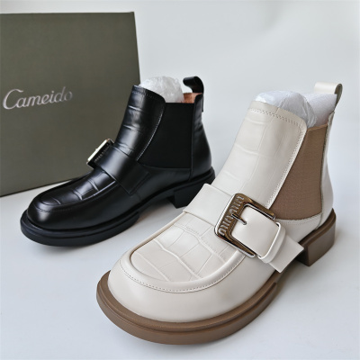 Cameido/卡美多品牌撤柜真皮女鞋时尚粗跟圆头一脚蹬英伦风短靴冬