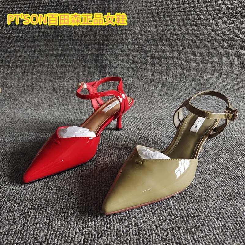 ptson百田森品牌新款真皮女鞋一字带红色时尚细高跟尖头凉单鞋夏
