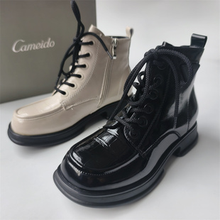 Cameido/卡美多品牌撤柜真皮女鞋时尚粗跟马丁靴圆头厚底百搭短靴