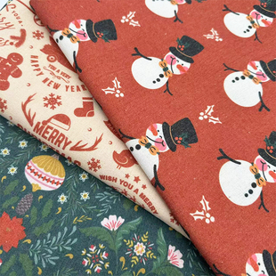 圣诞主题风加密棉麻布料diy手工布窗帘沙发面料桌布门帘装饰布头