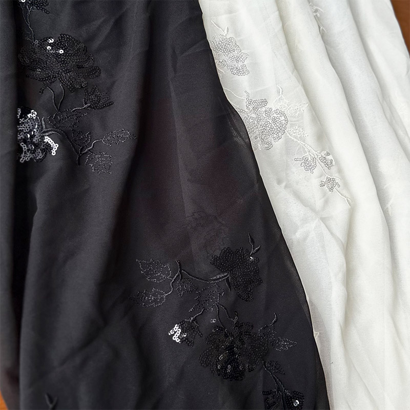 新中式雪纺乱麻刺绣亮片布料珠片绣夏季裙料服装面料装饰布头diy