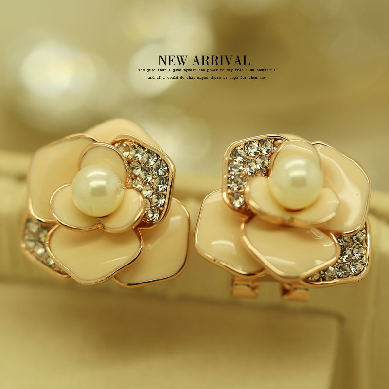 E87粉釉花朵合成合成水晶圆坠流苏耳钉耳环韩版耳饰女针耳