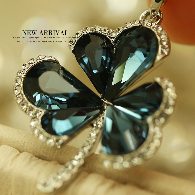 K02蓝色三瓣花奥地利合成水晶长款毛衣链韩国饰品可爱新款项链女