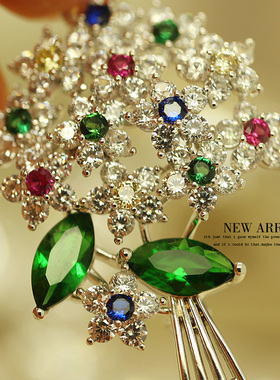 XZ284银绿色花束合成锆水晶韩版胸针女胸花防走光饰品大衣扣别针