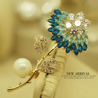 XZ552渐变蓝花合成水晶胸针女高档气质胸花别针西装配饰潮新
