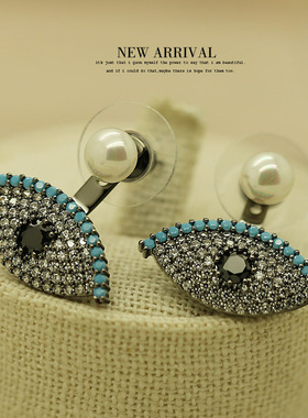 E67珍珠钉眼睛耳钉合成水晶坠长流苏耳环耳钉小众新款礼物新品