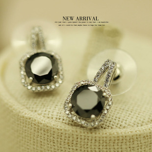 包邮E27黑钻石韩版复古长款耳环女925纯银针防过敏耳坠耳夹吊坠