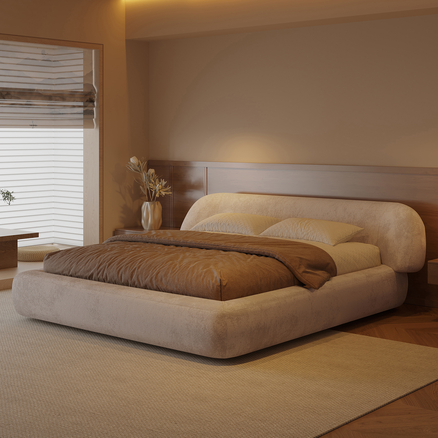 纳威简约现代主卧床科技布艺设计师创意网红怀抱床侘寂奶油风新款