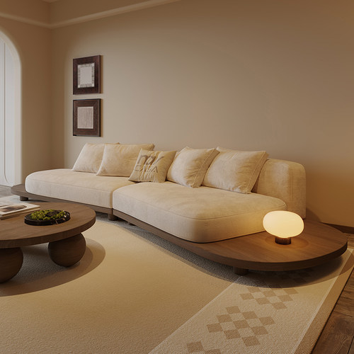 侘寂风胡桃木色科技布沙发异形地台客厅现代简约小户型2025年新款