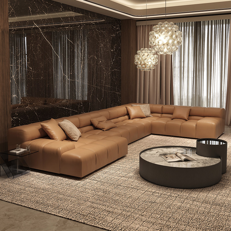 纳威棕色真皮沙发头层牛皮意式极简轻奢客厅2023流行豆腐块新款