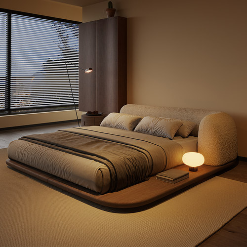 纳威中古风床羊羔绒布艺设计师创意榻榻米地台主卧婚床日式侘寂风