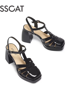 KISS CAT接吻猫2023夏款复古罗马猪笼鞋粗跟时装凉鞋女KA43174-11