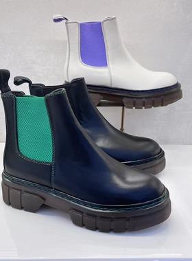 KISSCAT 接吻猫2022冬新款真皮套脚粗跟切尔西短靴子KA32742-53