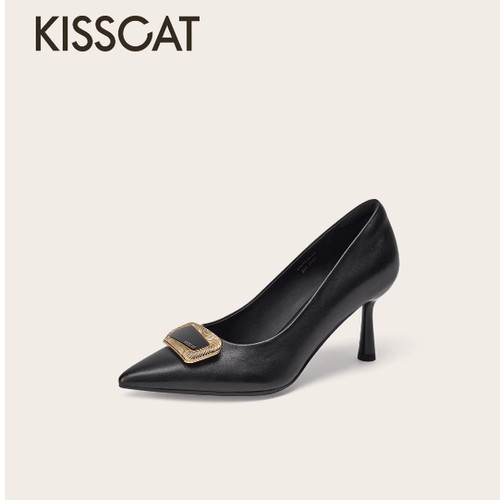 KISSCAT接吻猫2025秋季款法式真皮高跟鞋气质单鞋女鞋KA65510-10