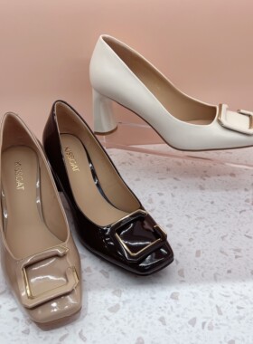 接吻猫2024秋新款方头高跟鞋粗跟鞋简约饰扣敞口单鞋女KA53522-12