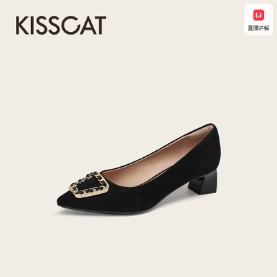 KISSCAT接吻猫2025新款尖头饰扣高跟鞋粗跟通勤单鞋女KA65122-12