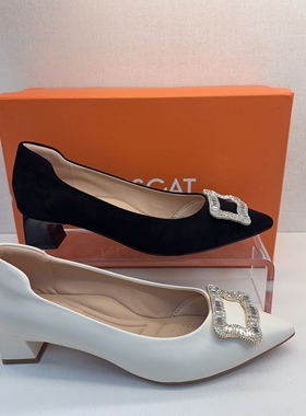 KISSCAT接吻猫26春新黑色高跟鞋尖头真皮浅口单鞋女K75165A-10