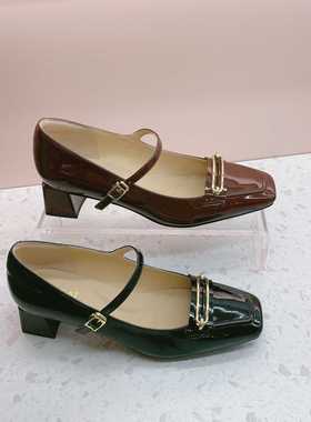 KISSCAT接吻猫2024春季方头真皮单鞋粗跟复古玛丽珍女KA54114-11