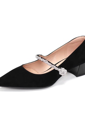 接吻猫2024年秋季新款尖头粗跟一字扣带玛丽珍鞋女单鞋KA64541-11