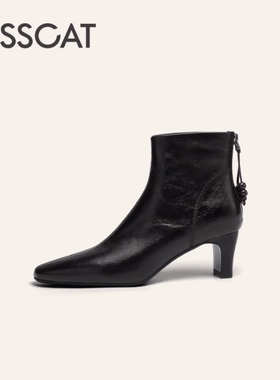 接吻猫牛皮靴25新气质尖头短靴黑色时装靴瘦瘦靴KA65799-11