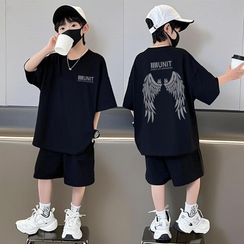 男童翅膀短袖套装洋气新款夏季男孩炸街T恤炫酷休闲短裤两件套潮图片