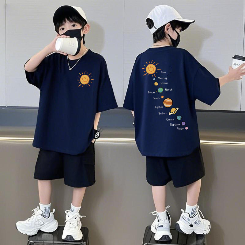 纯棉短袖短裤套装夏季男童新款运动休闲T恤五分裤两件套潮流儿童