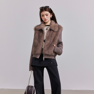 OTEBANBASS 皮草翻领外套女 25SS美拉德环保皮草两穿拼接针织开衫
