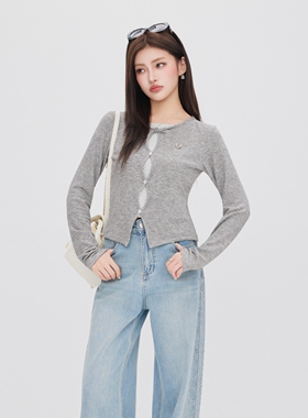 OTEBANBASS 26SS假两件miu镂空波点打底衫女套头长袖圆领修身上衣