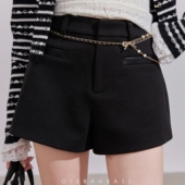 女复古高腰直筒毛呢热裤 OTEBANBASS 25SS双口袋毛呢拼皮直筒短裤