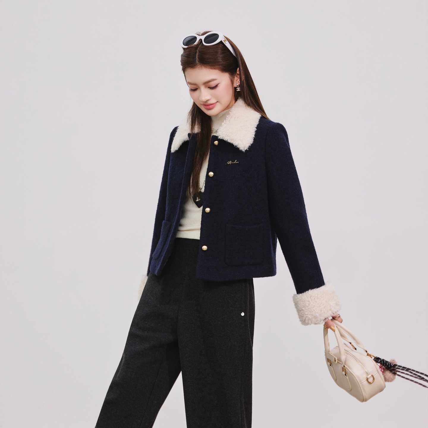 小香风翻毛领鹅绒羊毛羽绒外套