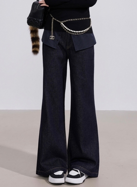 OTEBANBASS25SS复古假两件屁帘牛仔裤女高腰深蓝色休闲宽松阔腿裤