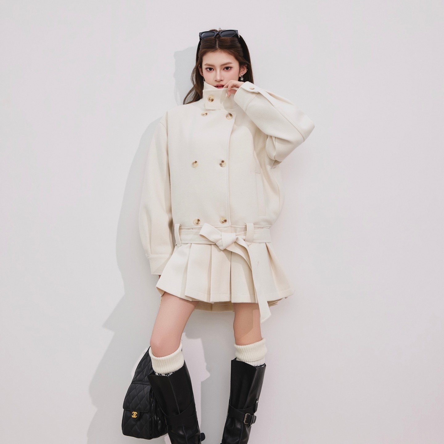 OTEBANBASS25SS秋冬双排扣毛呢外套女学院风白色腰带长款大衣棉服