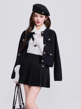 OTEBANBASS26SS小香风蝴蝶结花朵亮片针织衫女新年小个子毛衣开衫