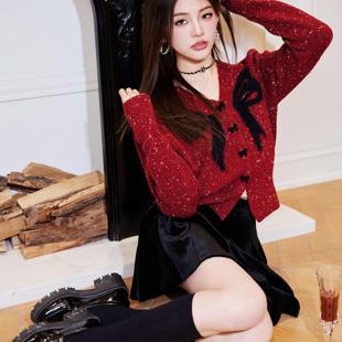 OTEBANBASS蝴蝶结泡泡袖针织开衫女2024冬季新品针织上衣款式长袖