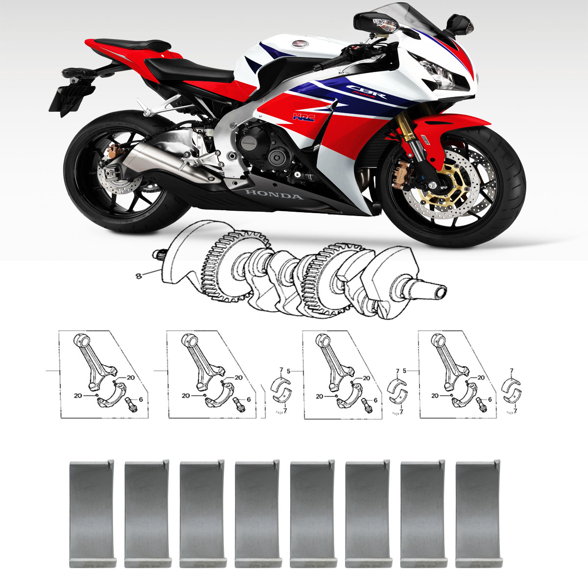 适用本田CBR1000RR 04-07 CB1000R 11-23 主轴瓦大瓦连杆瓦小瓦