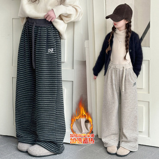 跨境条纹裤女童秋冬一体绒加厚2025新款儿童韩系大童宽松羊绒裤潮