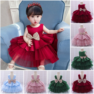 亚马逊儿童公主裙礼服婚纱女童蛋糕蓬蓬洗礼服裙 宝宝周岁花童裙