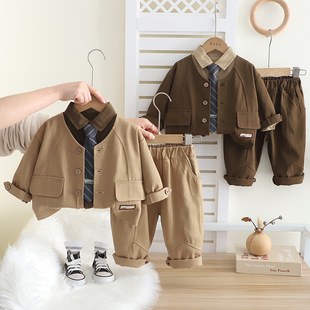 男童百搭工装裤套装春季新款儿童休闲长袖定标衬衣童装三件套2025