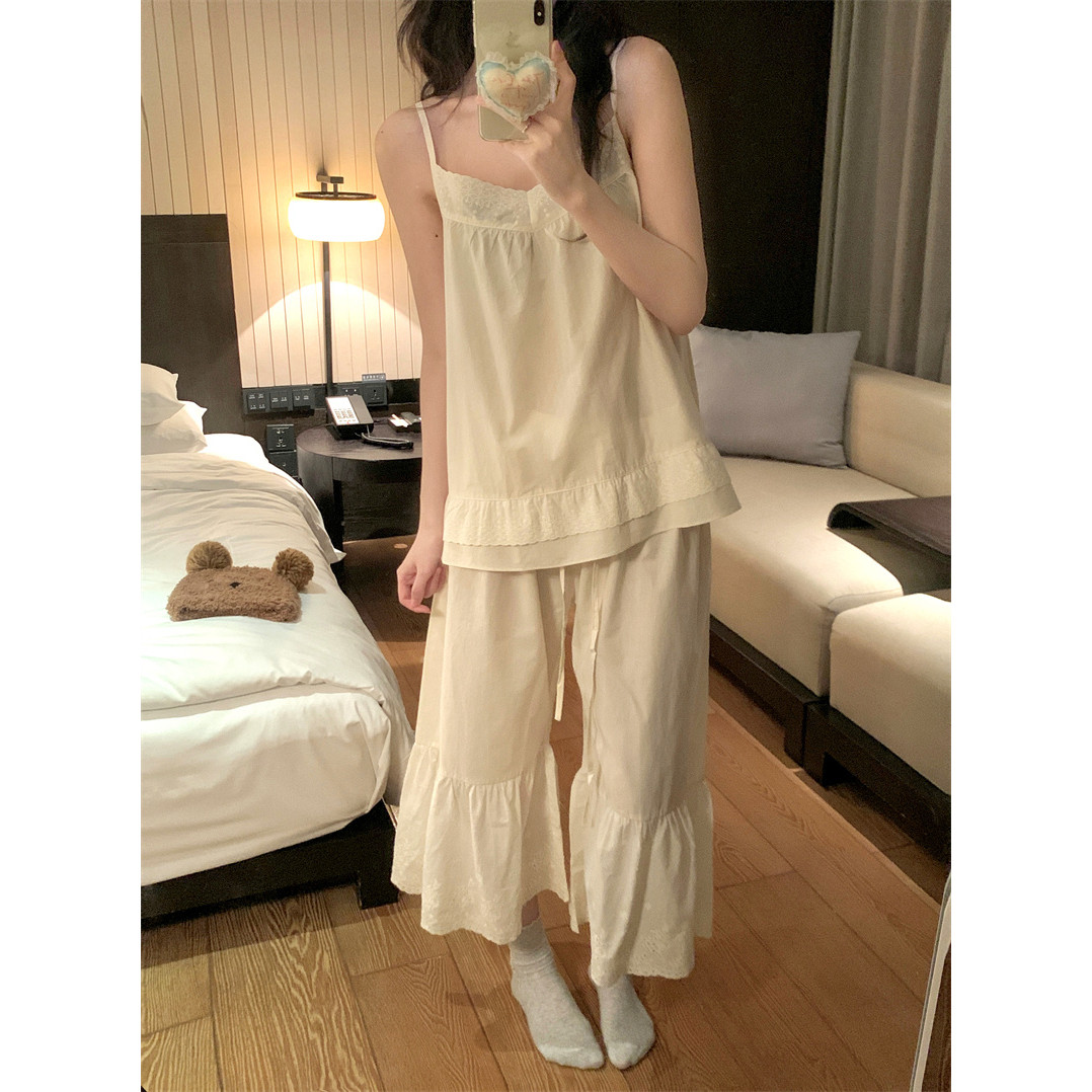 实拍 宫廷风纯欲小吊带刺绣花边睡衣/家居服套装