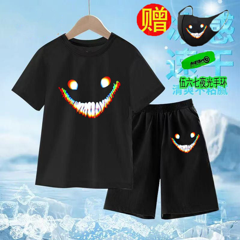 后室backrooms周边夏季短袖学生微笑者笑靥连帽衣服运动儿童套装