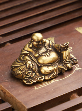 纯铜茶宠 复古铜弥勒佛开心佛手工雕塑摆件茶玩功夫茶道配