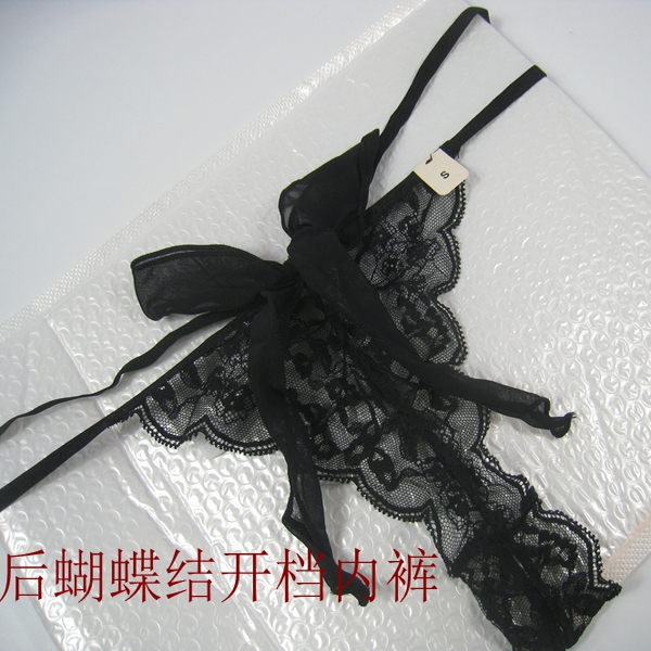 欧美单内衣~黑色性感蕾丝蝴蝶结女士低腰款开档内裤
