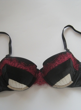 PS~黑色弹力缎面撞色有钢圈薄棉磨毛内里内搭文胸内衣70C