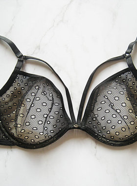 欧美单黑色网状蕾丝超薄无海绵文胸内衣70B60CD