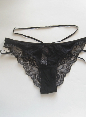 hun~黑色蕾丝拼网纱中低腰款女士三角内裤有大码