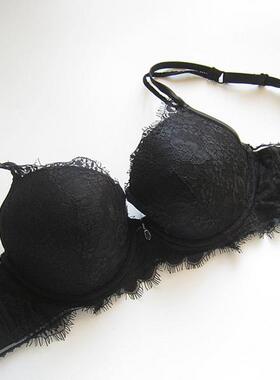 PS~欧美单黑色蕾丝有钢圈薄棉罩杯磨毛内里文胸75A85B
