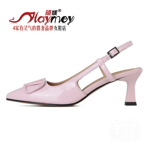 顽媄®V扣裸色白色高跟凉鞋女法式绑带尖头气质款@大小码高定女鞋