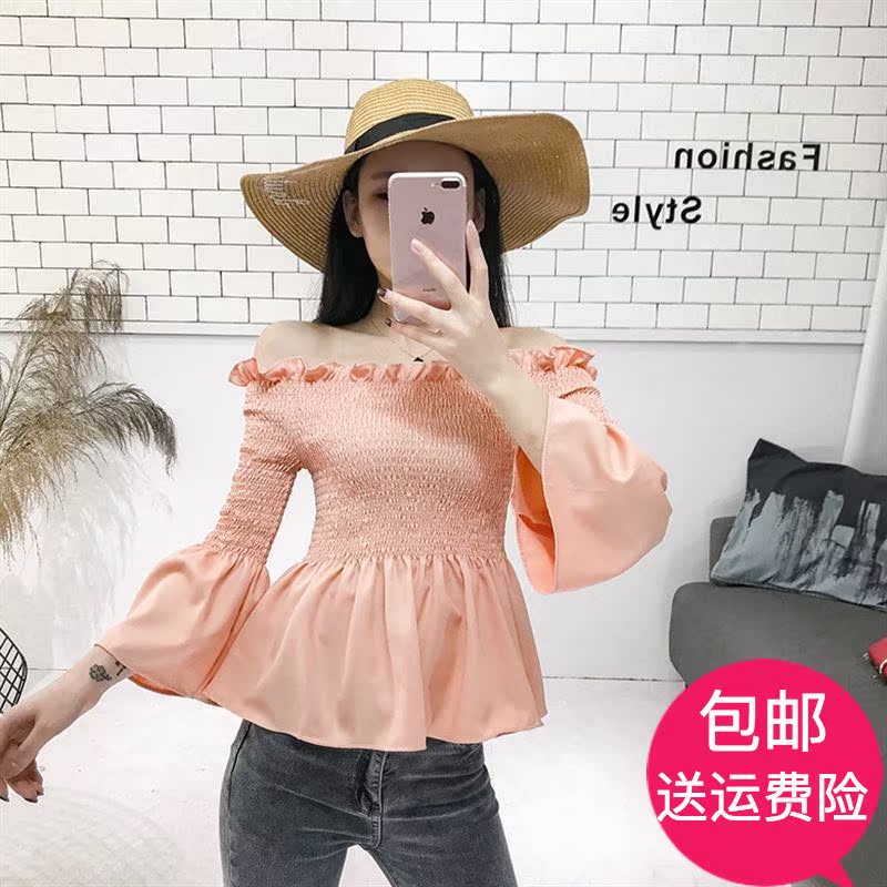 港味学生肩喇叭袖衬衫荷叶边新款女修身2018一字ch小衫上衣春装
