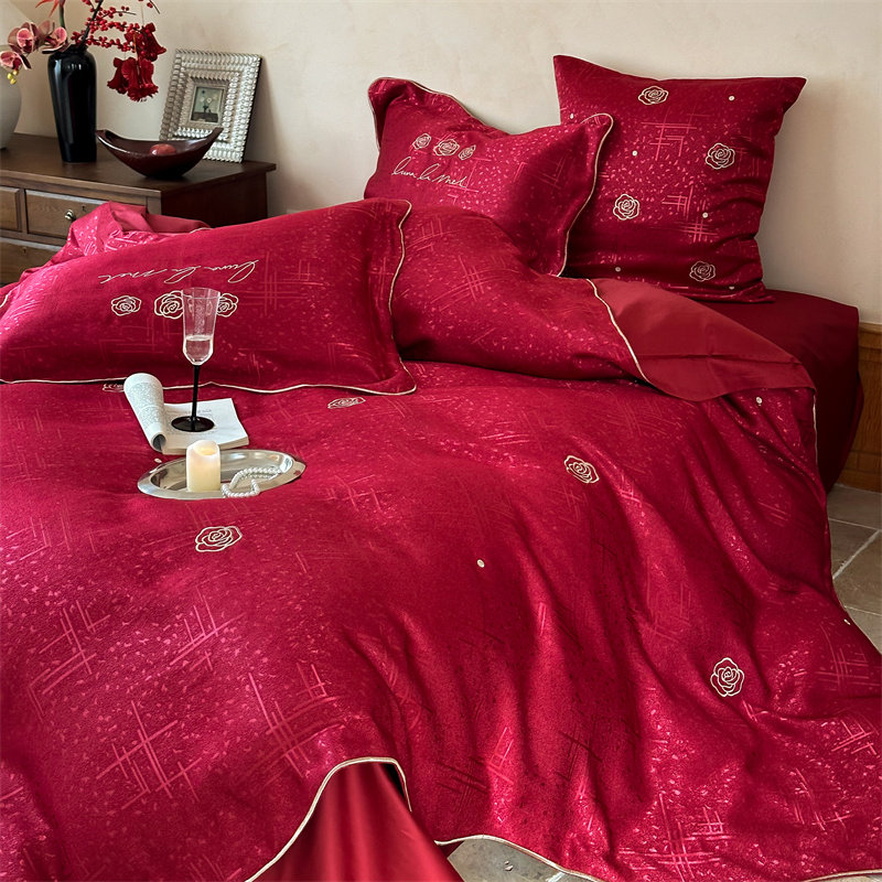 法式浪漫提花婚庆全棉四件套结婚大红色纯棉新婚陪嫁乔迁床上用品
