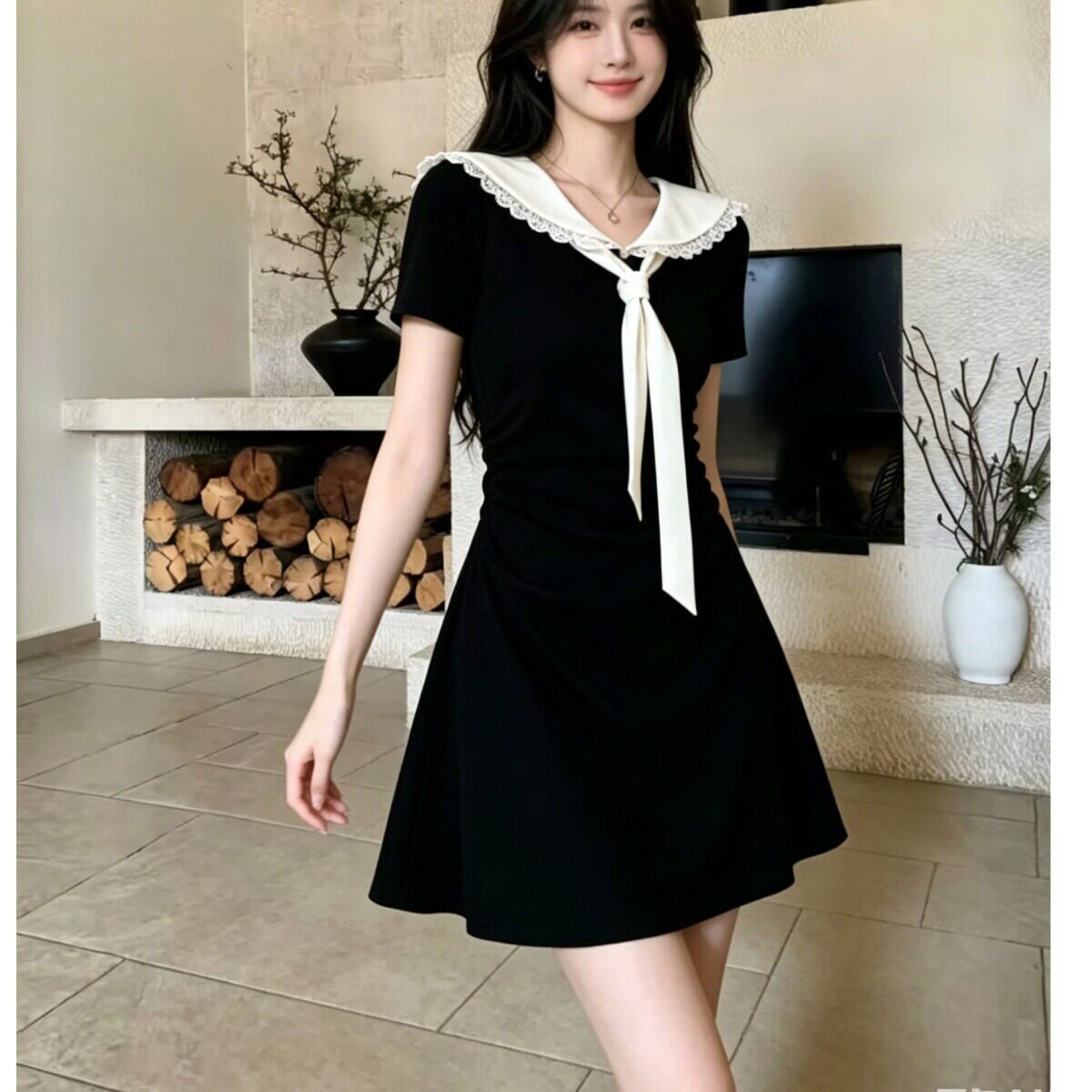 娃娃领系带连衣裙女夏收腰显瘦减龄学院风少女感日常百搭短款裙子图片